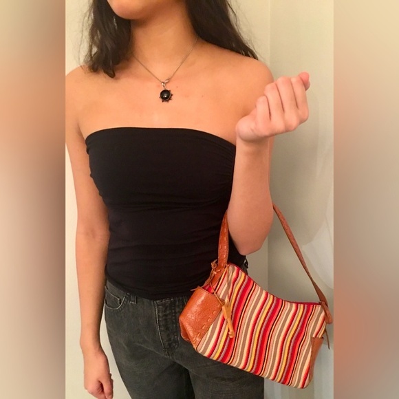 FOSSIL Multi Color Striped Shoulder Purse Baguette Bag Leather Accents and Key - Picture 3 of 11